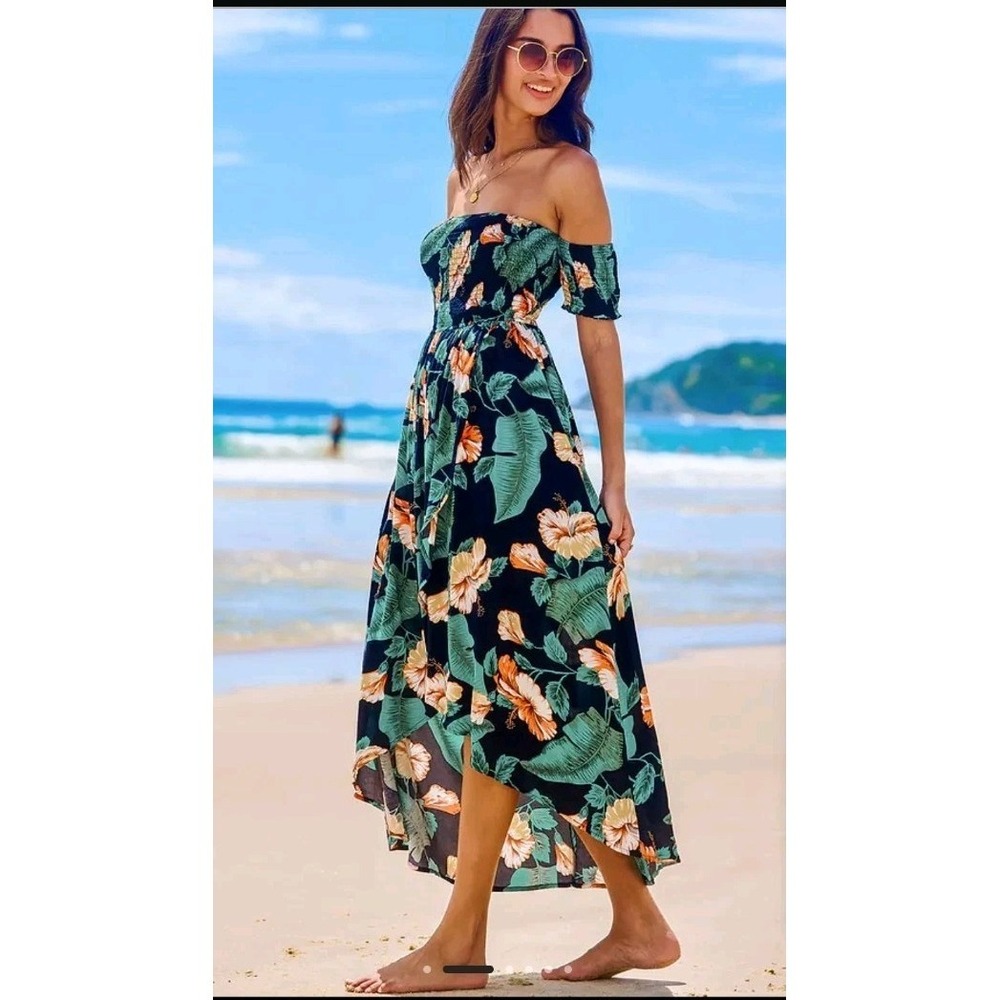 New Cupshe Tropical Off-Shoulder Smocked Bodice Asymmetrical Maxi Dress Large